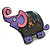 Pink/Purple Enamel Elephant Brooch/ Black Tone - 45mm Across - view 2