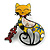 Yellow Enamel Cat and Dangling Fish Skeleton Brooch in Black Tone Metal - 45mm Tall