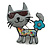 Light Grey Enamel Cat in The Glasses Brooch in Black Tone - 45mm Tall
