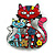 Multicoloured Enamel Cat Family Brooch in Black Tone - 50mm Tall