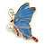 Crystal Pearl Butterfly Brooch in Gold Tone/ Light Blue - 55mm Tall