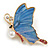 Crystal Pearl Butterfly Brooch in Gold Tone/ Light Blue - 55mm Tall - view 2