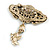 Vintage Inspired Crystal Textured Brooch with A Dangling Cupid in Aged Gold Tone - 65mm Tall - view 4