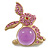 Large Pink/ Purple Crystal Bunny Brooch in Matte Gold Tone Metal - 75mm Tall - view 2