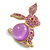 Large Pink/ Purple Crystal Bunny Brooch in Matte Gold Tone Metal - 75mm Tall - view 4