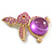 Large Pink/ Purple Crystal Bunny Brooch in Matte Gold Tone Metal - 75mm Tall - view 6
