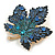 Statement Crystal Maple Leaf Brooch/Pendant in Gold Tone/ Blue Shades - 50mm Tall - view 2