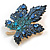 Statement Crystal Maple Leaf Brooch/Pendant in Gold Tone/ Blue Shades - 50mm Tall - view 6