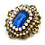 Victorian Style Layered Square Blue/Clear Crystal Pearl Brooch in Aged Gold Tone - 45mm - view 2