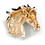 White/Black Enamel Horse Head Brooch/ Pendant in Gold Tone Metal - 40mm Tall - view 4