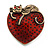 Red Enamel Heart with Cat Brooch in Aged Gold Tone Metal - 38mm Tall