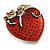 Red Enamel Heart with Cat Brooch in Aged Gold Tone Metal - 38mm Tall - view 4
