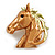 Bronze Gold/Green Enamel Horse Head Brooch/ Pendant in Gold Tone Metal - 40mm Tall - view 2