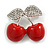 Red Enamel Double Cherry with Crystal Leaves in Silver Tone - 35mm Across - view 2