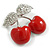 Red Enamel Double Cherry with Crystal Leaves in Silver Tone - 35mm Across - view 5