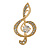 Gold Tone Clear Crystal Music Treble Clef Brooch - 40mm Tall