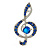 Blue Crystal Treble Clef Musical Brooch in Gold Tone - 40mm Tall