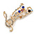 Multicoloured Crystal and White Faux Pearl Bead Musical Notes Brooch in Gold Tone - 50mm L - view 2