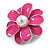 Pink Enamel Pearl Layered Flower Brooch in Silver Tone - 30mm Diameter - view 4