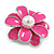 Pink Enamel Pearl Layered Flower Brooch in Silver Tone - 30mm Diameter - view 5