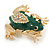 Dark Green Enamel AB Crystal Frog Brooch in Gold Tone - 35mm Tall - view 5