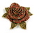 Red/Olive Green Crystal Dimentional Rose Brooch in Aged Gold Tone - 80mm Across - view 2