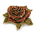 Red/Olive Green Crystal Dimentional Rose Brooch in Aged Gold Tone - 80mm Across - view 4
