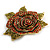 Red/Olive Green Crystal Dimentional Rose Brooch in Aged Gold Tone - 80mm Across - view 5