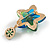 Green/Blue Glass Bead Flower Brooch in Gold Tone - 60mm Long - view 6