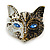 White/Black Enamel Crystal Cat's Head Brooch in Gold Tone - 33mm Across