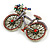 Large Multicoloured Crystal Bicycle Brooch in Aged Gold Tone - 70mm Across - view 7