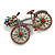 Large Multicoloured Crystal Bicycle Brooch in Aged Gold Tone - 70mm Across - view 2