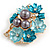 Enamel Crystal Faux Pearl Floral Brooch/ Pendant in Gold Tone (Blue Colours) - 50mm Across - view 4