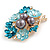 Enamel Crystal Faux Pearl Floral Brooch/ Pendant in Gold Tone (Blue Colours) - 50mm Across - view 6