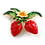 Red/Green/White Enamel Double Strawberry Brooch in Gold Tone - 40mm Across - view 2