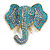 Large Blue/Teal Crystal Elephant Head Brooch in Gold Tone - 70mm Tall