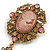 Vintage Inspired Pink Acrylic Crystal Cameo Brooch in Aged Gold Tone - 70mm Long - view 4