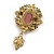 Vintage Inspired Pink Acrylic Crystal Cameo Brooch in Aged Gold Tone - 70mm Long - view 6