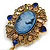 Vintage Inspired Blue Acrylic Crystal Cameo Brooch in Aged Gold Tone - 70mm Long - view 4
