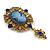 Vintage Inspired Blue Acrylic Crystal Cameo Brooch in Aged Gold Tone - 70mm Long - view 5