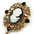 Vintage Inspired Black/White Acrylic Crystal Cameo Brooch in Aged Gold Tone - 70mm Long - view 5
