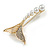 Gold Tone White Faux Pearl Clear Crystal Mermaid Tail Brooch/ Fish Tail Brooch - 45mm Long - view 2