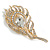 Clear Crystal Peacock Feather Brooch In Gold Tone - 8cm Long - view 3
