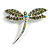 Classic Olive Green Crystal Dragonfly Brooch in Silver Tone - 55mm Across