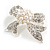 Clear Crystal White Faux Pearl Small Bow Brooch in Silver Tone - 45mm Across - view 2