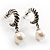 Antique Silver Twisted Faux Pearl Hoop Earrings