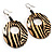 Wood Coco Zebra Print Oval Drop Hoop Earrings (Black&Beige)