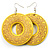 Bright Yellow Large Ornate Wood Drop Hoop Earrings - view 2