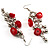 Long Red Glass Bead Drop Earrings (Silver Tone) - view 5