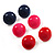 Set Of 3 Button Shaped Stud Earrings - 2cm Diameter (Blue, Red And Pink)